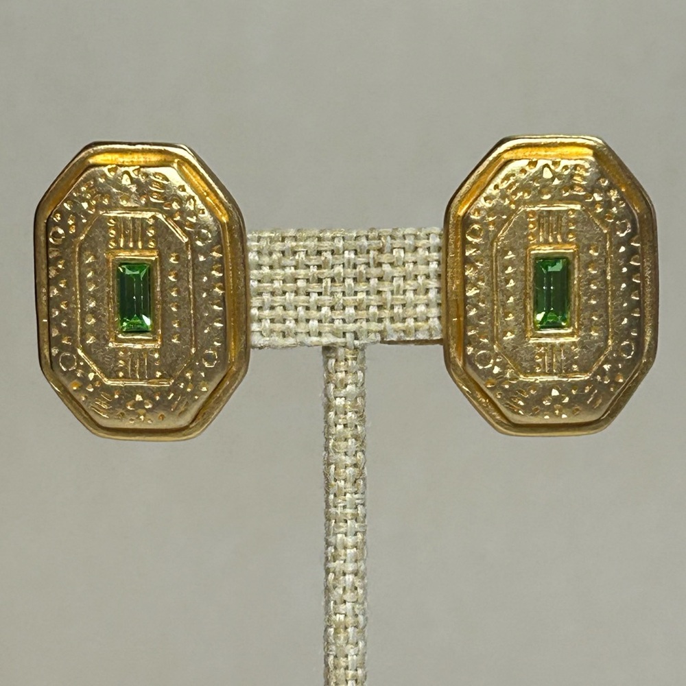 Vintage GIO Rectangular Gold Plated Green Faux Emerald Earrings Giovanni Clip On